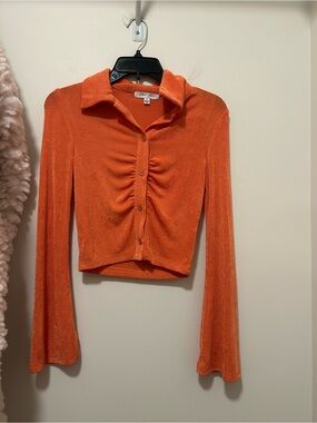 Women's Orange Ruched Button-Front Long Sleeve Top - Cloud Ten